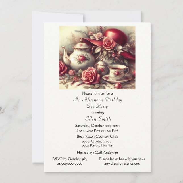 Elegant  Birthday Tea Party Red Hat  Invitation (Front)