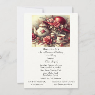 Elegant Birthday Tea Party Red Hat Invitation