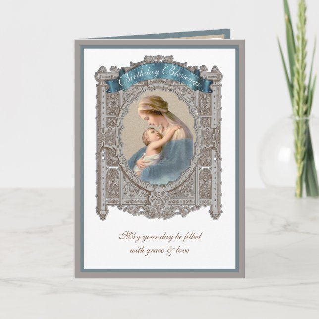 Elegant Birthday Virgin Mary Jesus Vintage Card (Front)