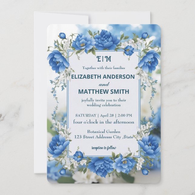 Elegant Biue & White Overlay Flowers wedding Invitation (Front)