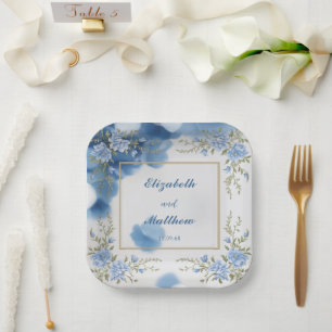 Elegant Biue & White Overlay Flowers wedding Paper Plate
