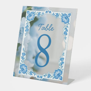 Elegant Biue & White Overlay Flowers wedding Pedestal Sign