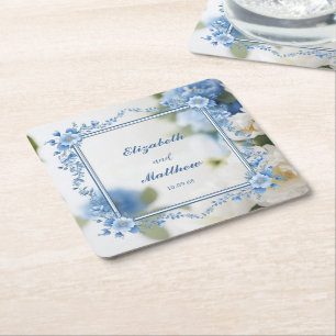 Elegant Biue & White Overlay Flowers wedding Square Paper Coaster