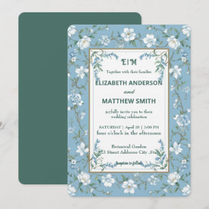 Elegant Biue & White Overlay photo Flowers wedding Invitation