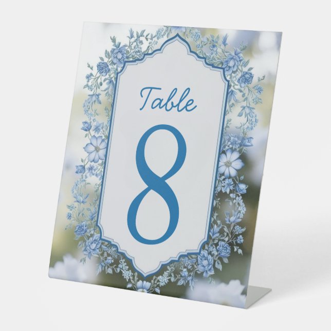 Elegant Biue & White Overlay photo Flowers wedding Pedestal Sign (Front)