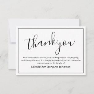 Elegant Blac Script Funeral Thank You Bereavement Card