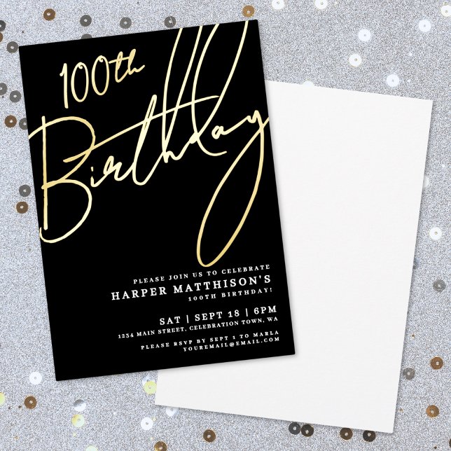 Elegant Black 100th Birthday Gold (Elegant Black 100th Birthday Gold Foil Invitation)