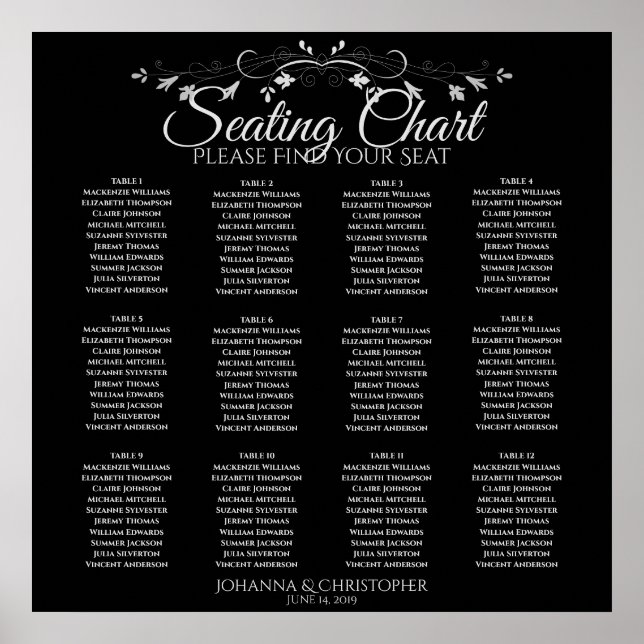 Elegant Black 12 Table Wedding Seating Chart (Front)