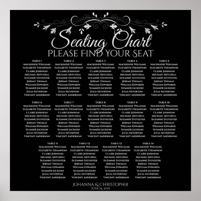 Elegant Black 14 Table Wedding Seating Chart (Front)
