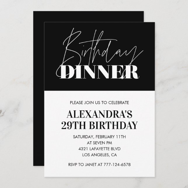 Elegant Black 29th birthday invitations Dinner  (Front/Back)