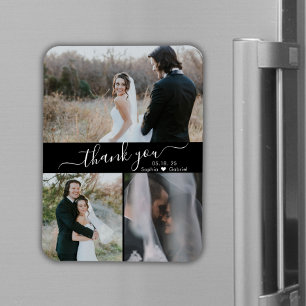 Elegant Black 3 Photo Wedding Thank You Magnet