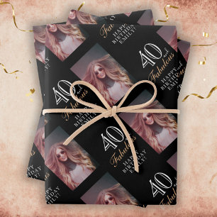 Elegant Black 40 and Fabulous 40th Birthday Photo Wrapping Paper Sheet