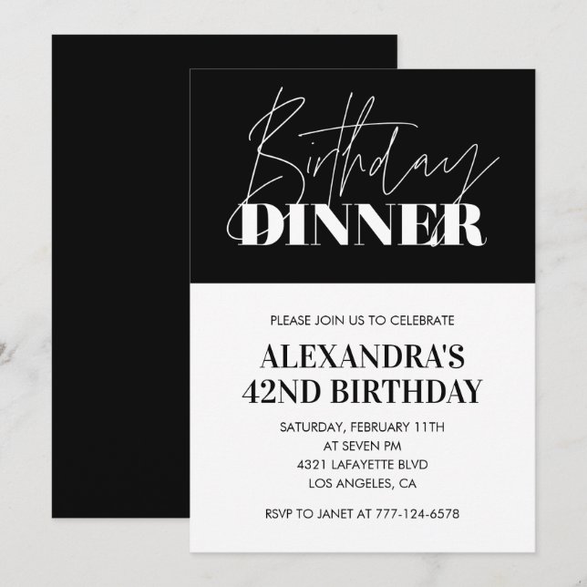 Elegant Black 42nd birthday invitations Dinner  (Front/Back)