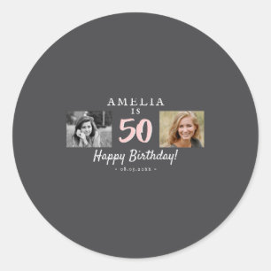 Elegant Black 50th Birthday Old New 2 Photos  Classic Round Sticker