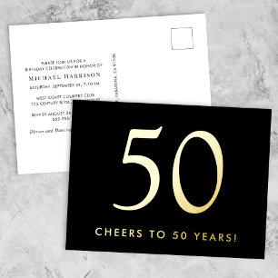 Elegant Black 50th Birthday Party Gold Foil Invitation Postcard