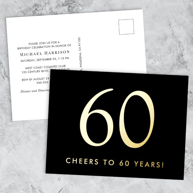 Elegant Black 60th Birthday Party Gold Foil Invitation Postcard (Creator Uploaded)