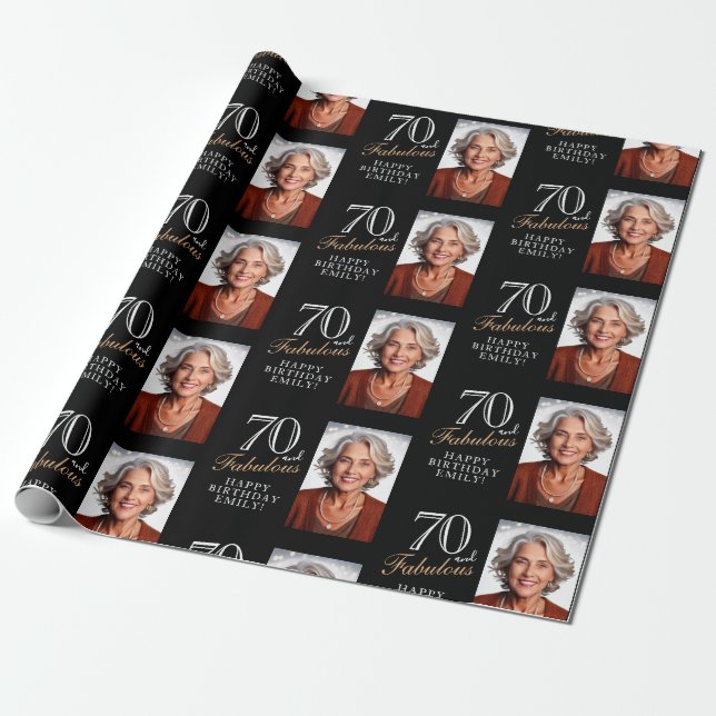 Elegant Black 70 and Fabulous 70th Birthday Photo Wrapping Paper (Unrolled)