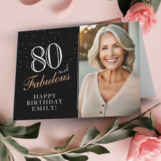 Elegant Black 80 and Fabulous 80th Birthday Photo Card (Creator Uploaded)