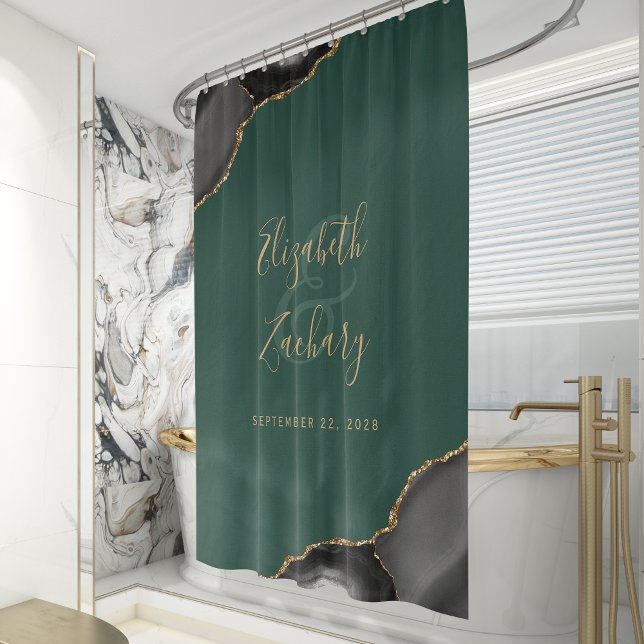 Elegant Black Agate Gold Emerald Green Wedding Shower Curtain (Creator Uploaded)