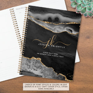 Elegant Black Agate Gold Glitter Script Monogram Planner