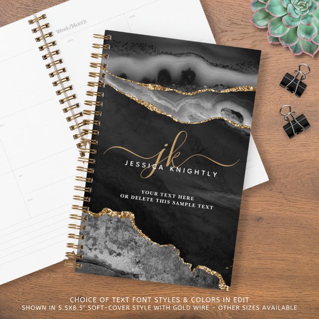 Elegant Black Agate Gold Glitter Script Monogram Planner (Creator Uploaded)