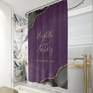 Elegant Black Agate Gold Purple Wedding Shower Curtain