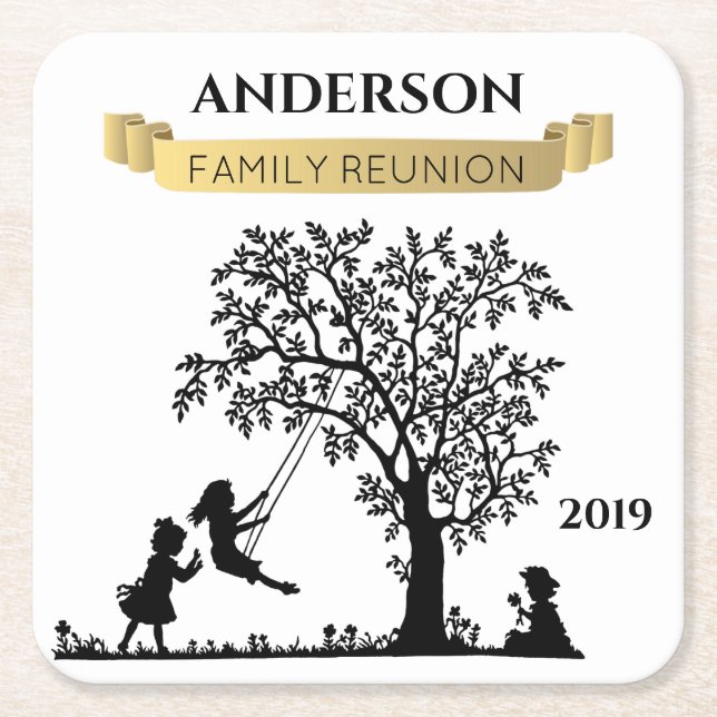 Elegant Black an Gold Personalised Family Reunion Square Paper Coaster (Front)