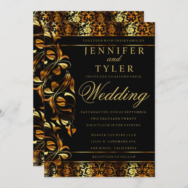 Elegant Black an Rich Gold Damask Invitation (Front/Back)