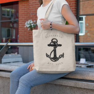 Elegant Black Anchor Nautical Personalised Tote Bag