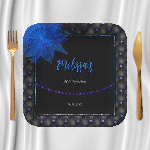 Elegant Black and Blue Birthday  Paper Plate