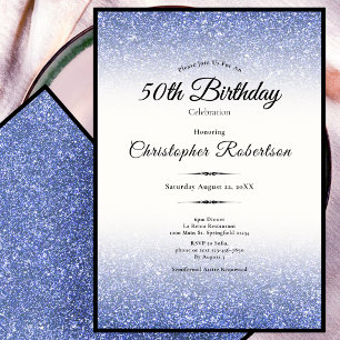 Elegant Black and Blue Glitter 50th Birthday  Invitation