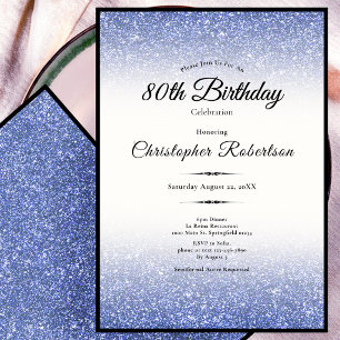 Elegant Black and Blue Glitter 80th Birthday Invitation