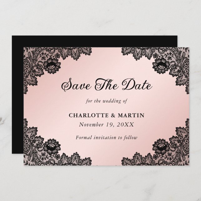 Elegant Black and Blush Floral Lace Wedding Save The Date (Front/Back)