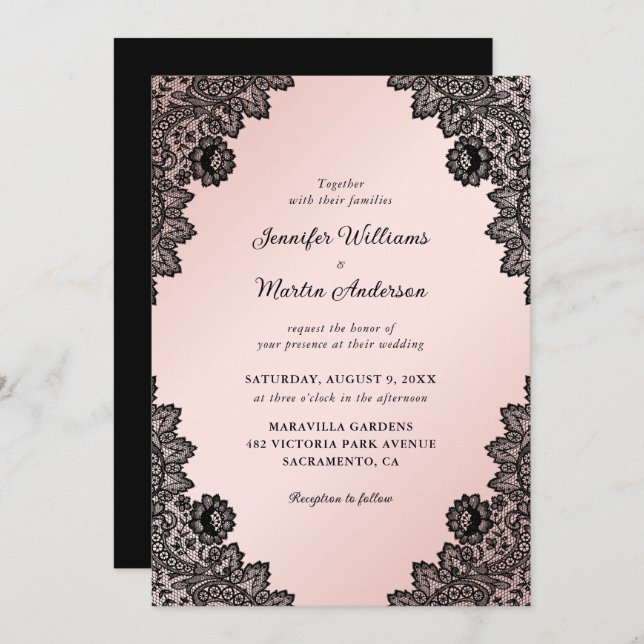 Elegant Black and Blush Pink Floral Lace Wedding Invitation (Front/Back)