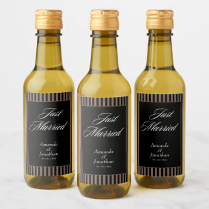 Elegant Black and Brown Stripes Wedding Mini Wine Label