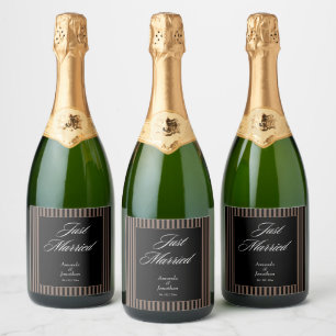 Elegant Black and Brown Stripes Wedding Sparkling Wine Label