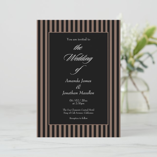 Elegant Black and Brown Vertical Stripes Wedding Invitation (Standing Front)
