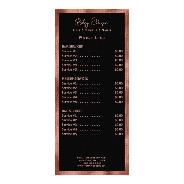 Elegant Black and Faux Copper Foil Rack Card (Front)