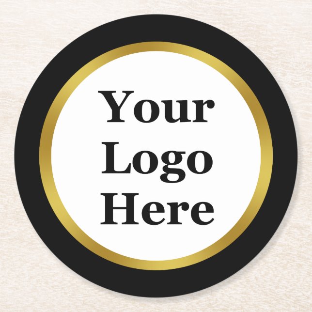Elegant Black and Faux Gold Border Your Logo Here Round Paper Coaster (Front)