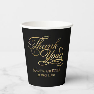 Elegant Black and Faux Gold Calligraphy Thank You Paper Cups