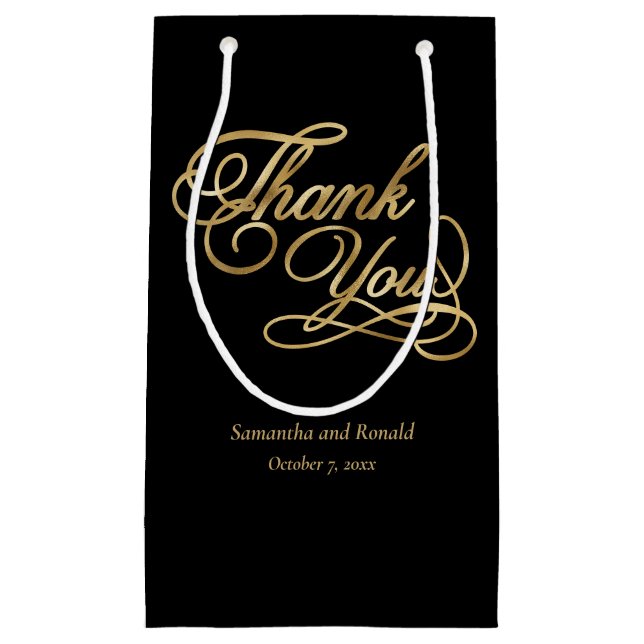 Elegant Black and Faux Gold Calligraphy Thank You Small Gift Bag (Front)