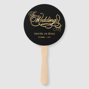 Elegant Black and Faux Gold Calligraphy Wedding Hand Fan
