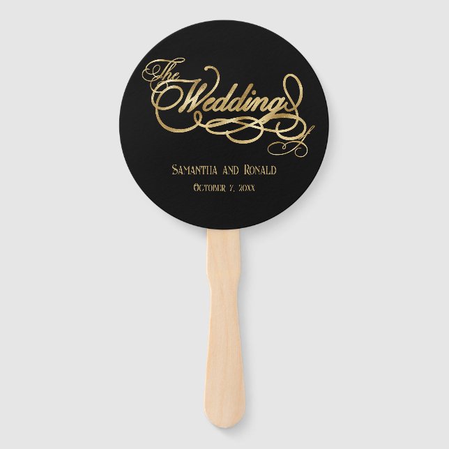 Elegant Black and Faux Gold Calligraphy Wedding Hand Fan (Front)