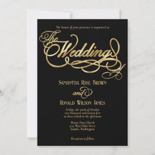 Elegant Black and Faux Gold Calligraphy Wedding Invitation