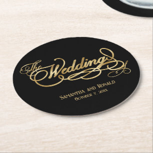 Elegant Black and Faux Gold Calligraphy Wedding Round Paper Coaster