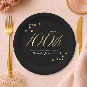 Elegant Black and Gold 100th Birthday Party Paper Plate