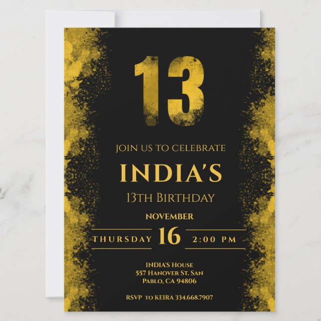 Elegant Black And Gold 13th birthday invitation (Front)