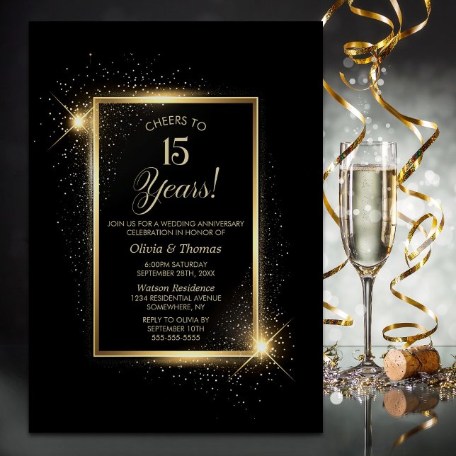 Elegant Black and Gold 15th Wedding Anniversary Invitation (Creator Uploaded)