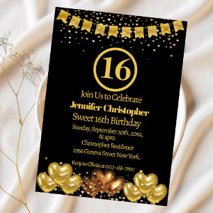 Elegant Black and gold 16th Birthday Invitations