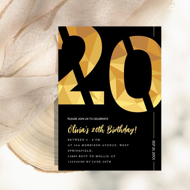 Elegant black and gold 20th Birthday Party Invitation (Creator Uploaded)